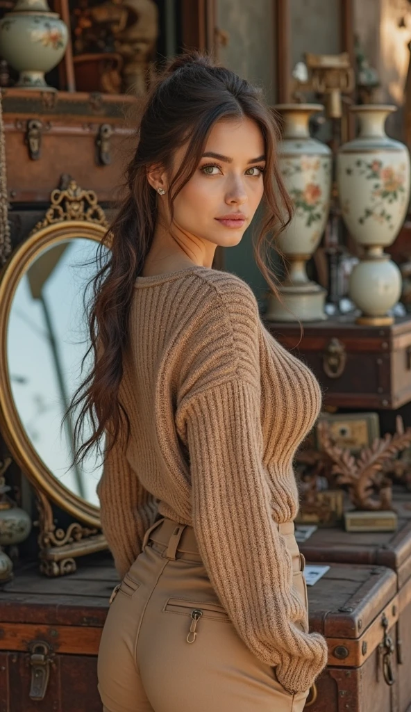 brown long hair, sweater, yoga pants, short, chubby