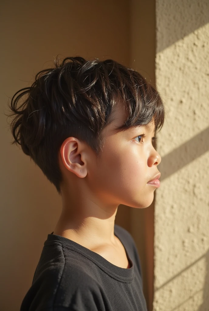 Profile of a boy, curious about what&#39;s behind him, Japanese anime style illustration