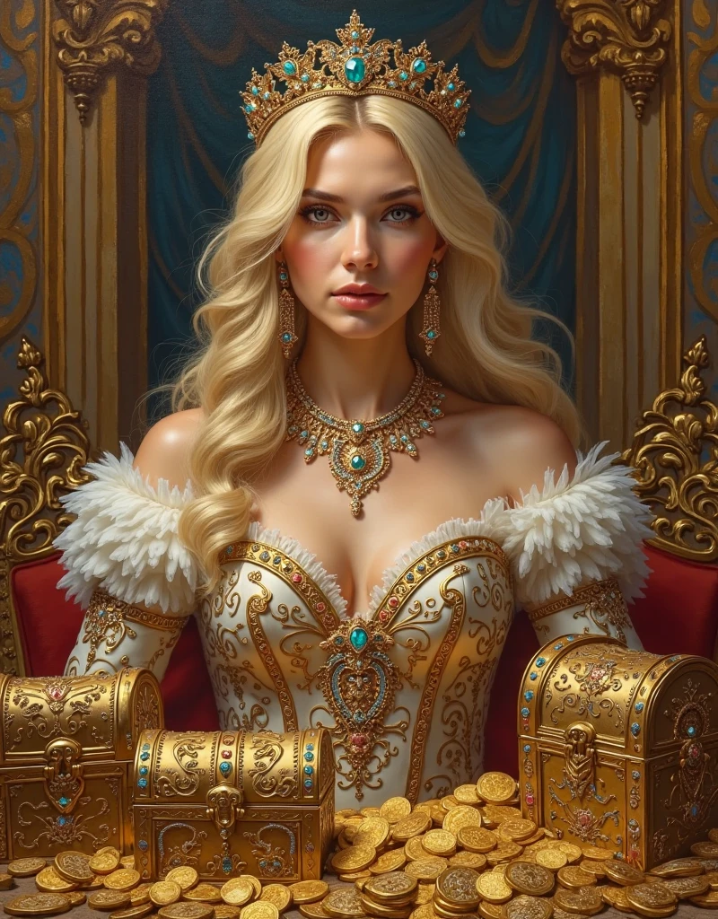 (extremely detailed 8k wallpaper), a portrait of a Blonde noble lady, the lord of the castle's wife, sitting on a throne with a crown on her head, wearing a shining armor, highly detailed clothing and accessories, intricate decorations on the throne and in the background, dramatic lighting and shadows, 8k resolution, intricate, high detail, dramatic, small to medium breasts, deep cleavage, exposed 3/4 boob