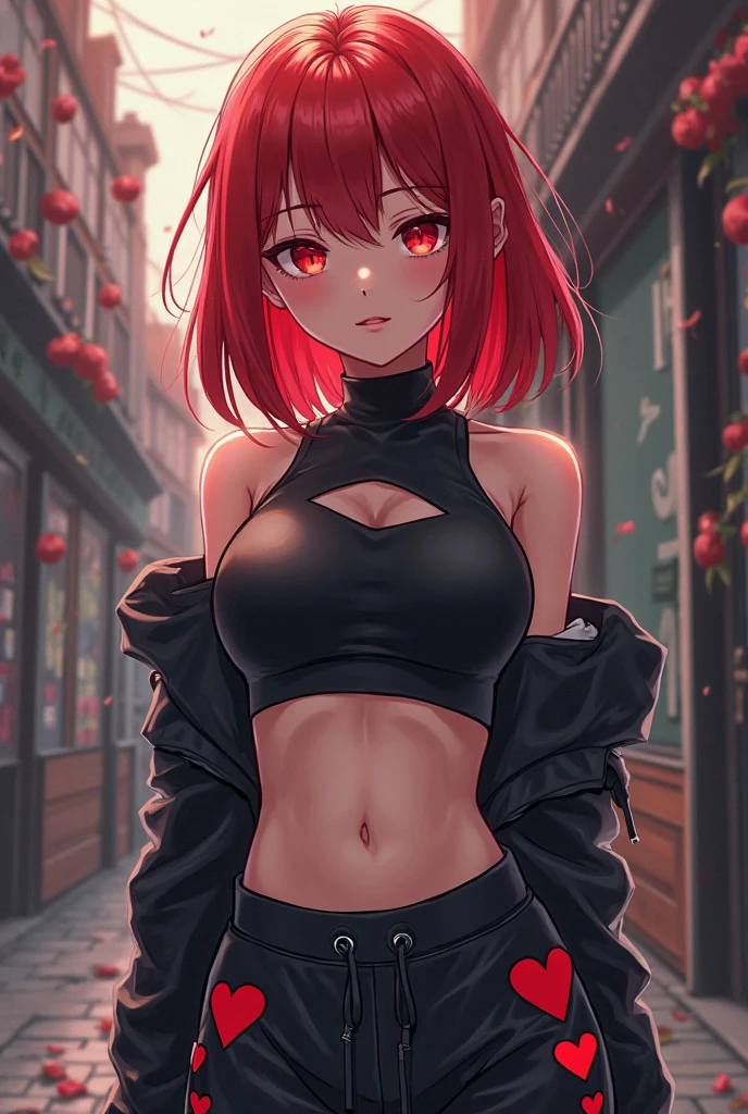 A slim young woman with short red hair, green eyes, large breasts, open black leather jacket, sleeveless white crop top, rolled-up black pleated skirt, low black tights, high-heeled boots. Crouched cross-legged, camera in hand. On a street with green smoke at night, black cat, red moon.