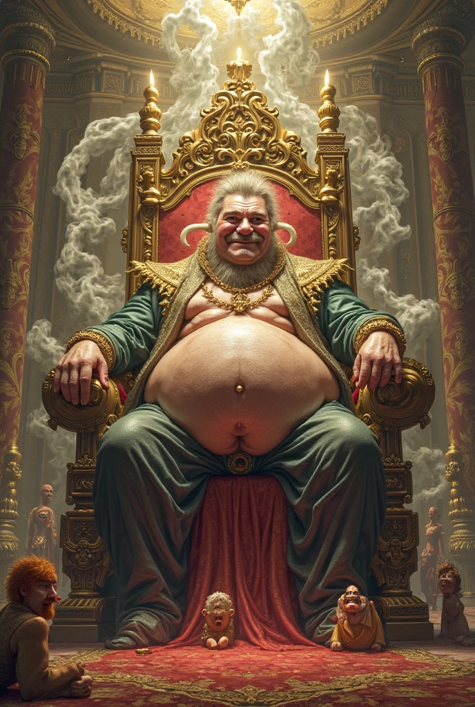 Fat mammon demon with human face sitting on coins