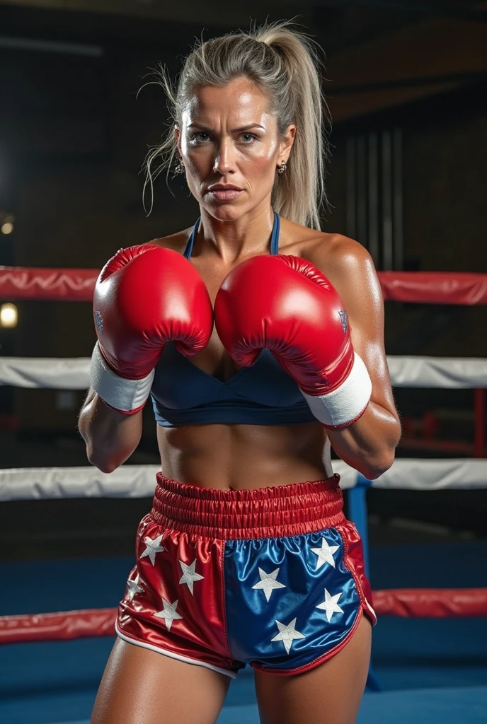 1girl with blonde hair and blue eyes, sexy cobalt-blue boxing shorts, cobalt-blue combat boots, captured in ultra high resolution with photorealistic and beautiful lighting. Boxing ring background, (full body portrait),