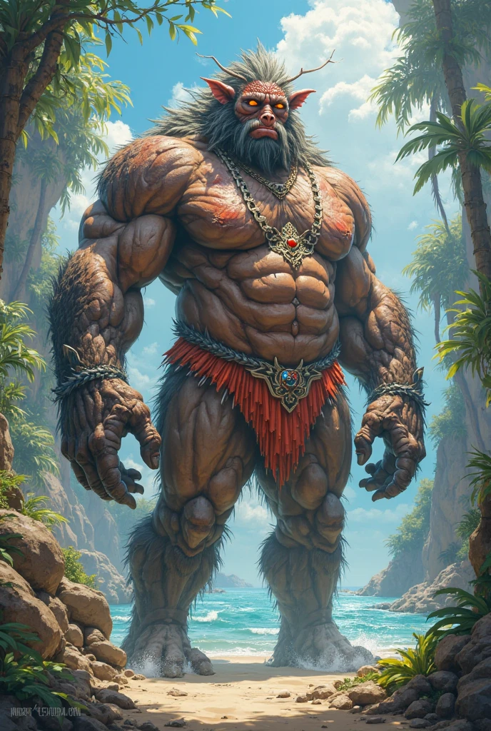 (by taran fiddler), (by chunie), satyr, faun, 60 yer old man, muscular, chubby, hairy body, hairy chest, wide hips, thick thighs, pubic fur, goat legs, facial hair, hooves, human face, human torso, tribal jewelry, tribal body paint, mostly naked, ocean, trees, furry legs, goat tail, goat ears, horns, long hair, goatee, furry crotch