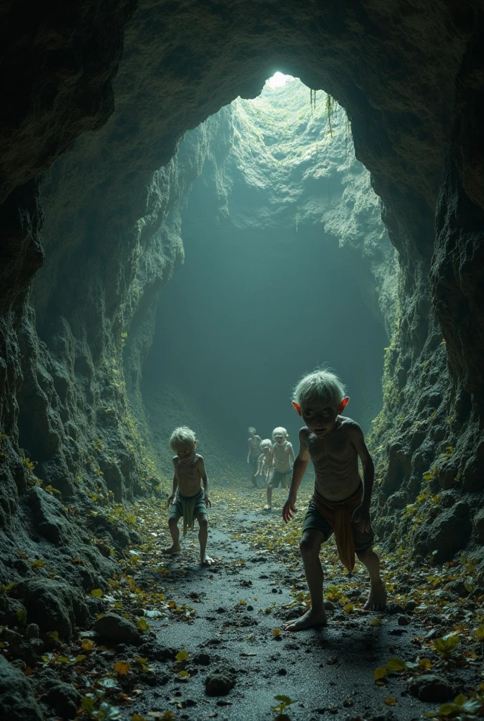 A naked man with a squirtle cap in a cave digging for stone, we see frightened goblins at the entrance to the cave