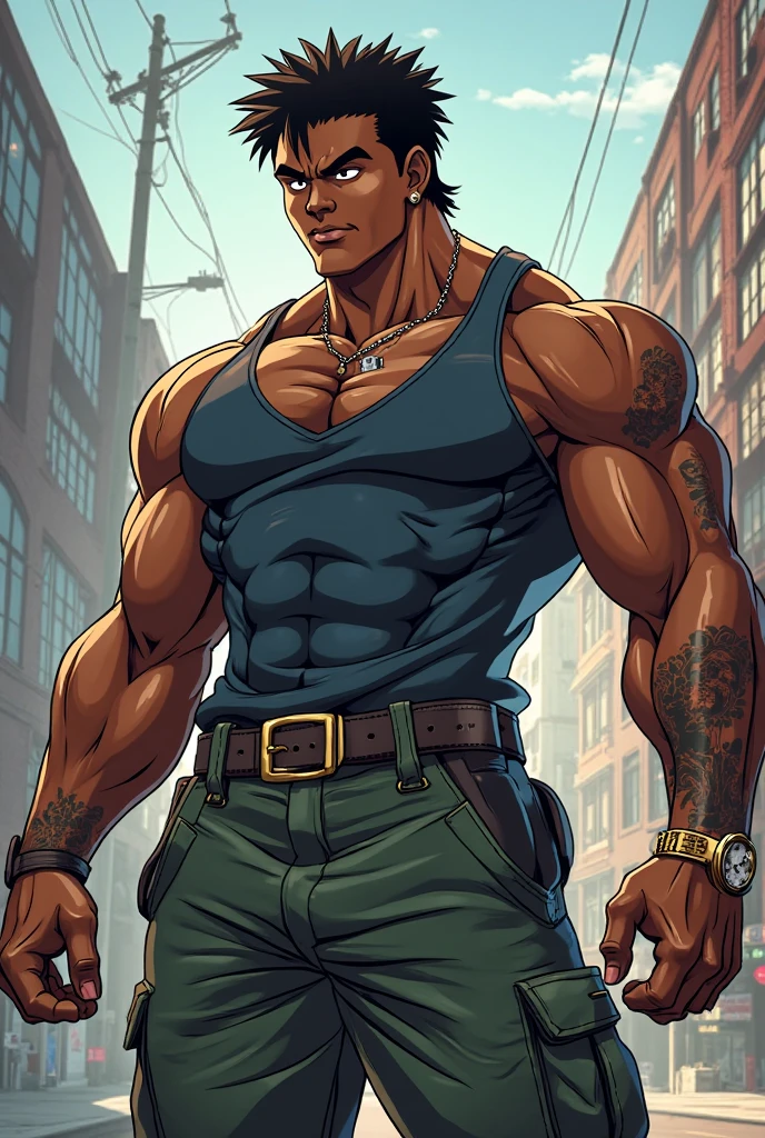 Black anime man, Cao Cao, with freckles on his face, black shirt and green shorts, masculine, low fade buzz cut