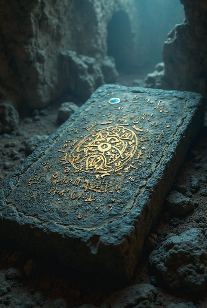 An aged and cracked stone tablet discovered in a dark and eerie underground chamber, illuminated only by the soft glow of mystical symbols floating in the air, surrounded by ancient writings and artifacts, evoking a sense of magic and ancient power, Artwork, digital illustration with glowing effects