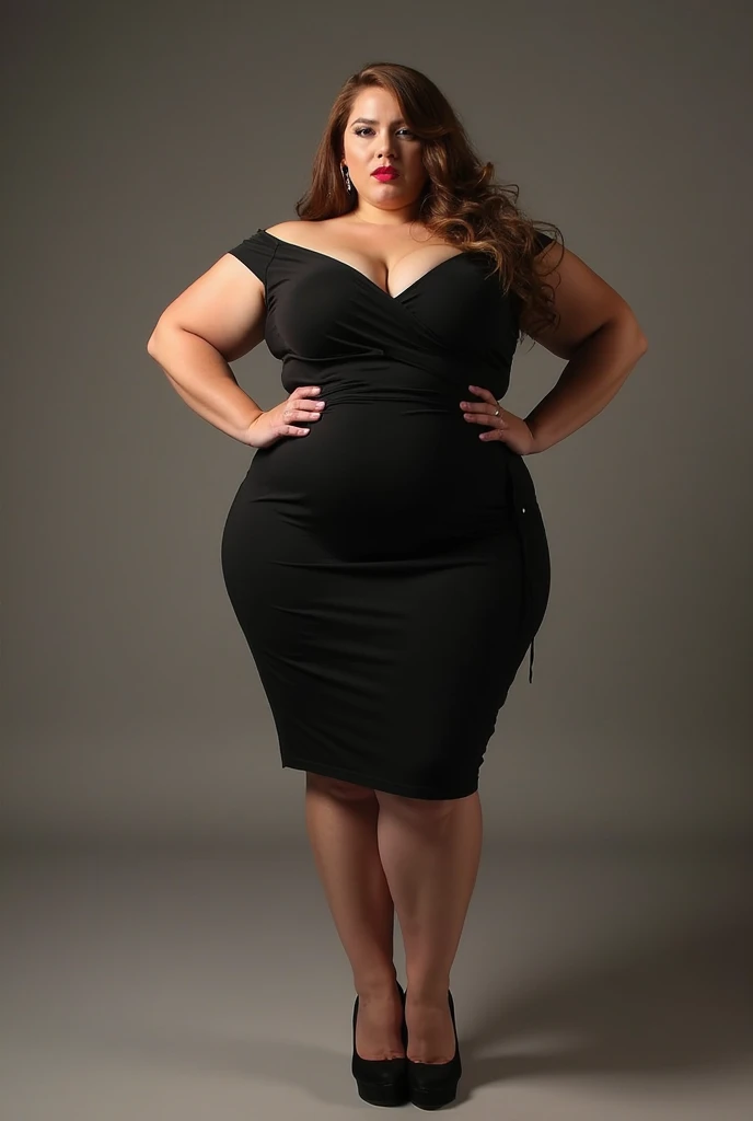 European woman, thick body, Thick legs, short black dress, wearing black pointy flats, no heels, sitting crossed legs, bare legs, entire figure, no background, show entire figure