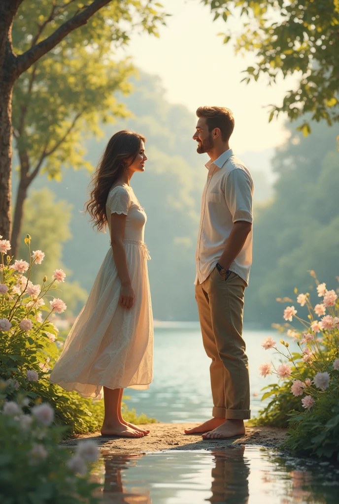 Image Idea: A sunlit park with a fountain in the center. Two people, a woman in a light blue dress and a man in a casual shirt, are standing near the fountain. They are laughing and sharing a moment of joy as they exchange glances.