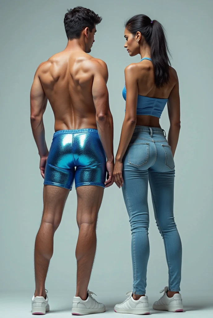 ((((Full body image of a woman standing with legs apart)))) ,rather thick body shape,High Leg Tube Top,high-heels,Shorthair, ((((Please wear light blue tights all over your body..))))、((((Man hugging))))