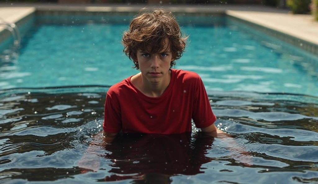 adolescent, age 25, looking straight ahead, using a tractor inner tube float