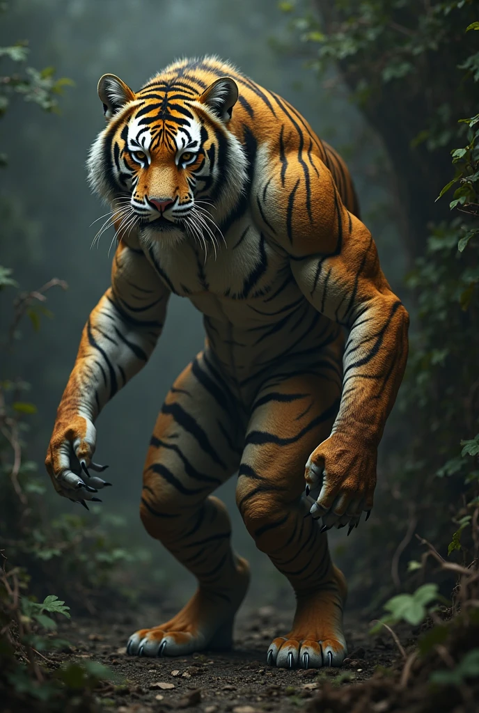 RAW photo, ultrares, man, 8k, 4k, detailed, in forest, topless, standing <lora:tiger_slider_v10:5>, looking at viewer