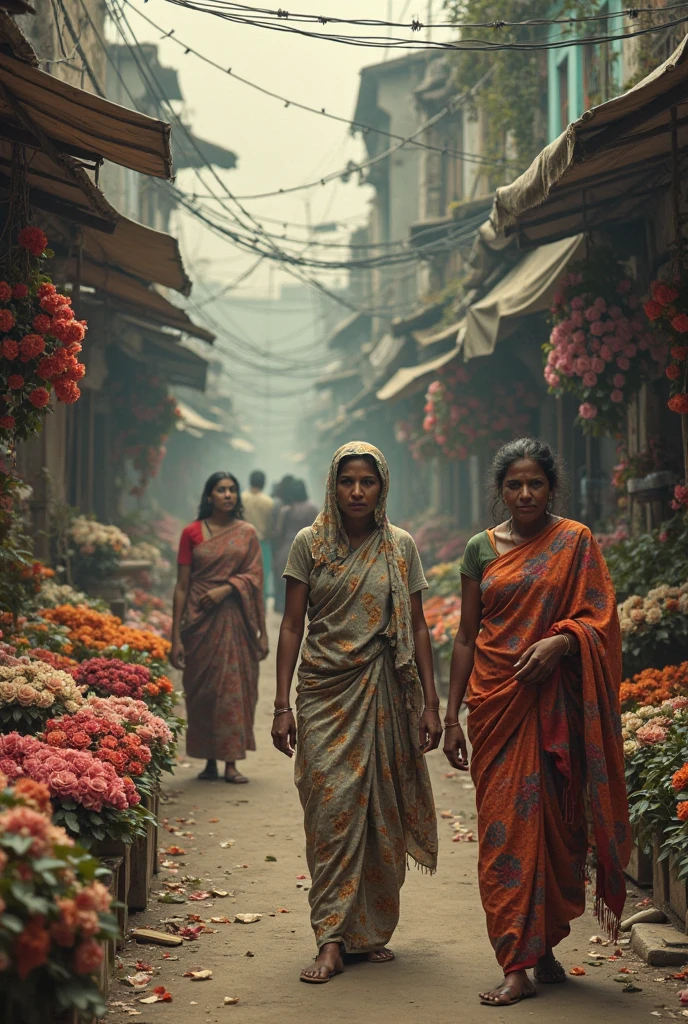 some indian people with their crying kids going to a worst cracked walls hospital beside a wide cracked road with traffic 