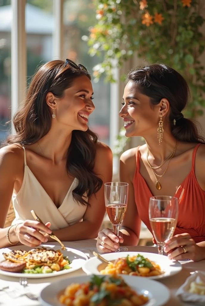2 woman latina, 25 years, woman are friends, woman are talking and laughing to each other,  elegant dress, in a luxury restaurant having champagne, showing full table