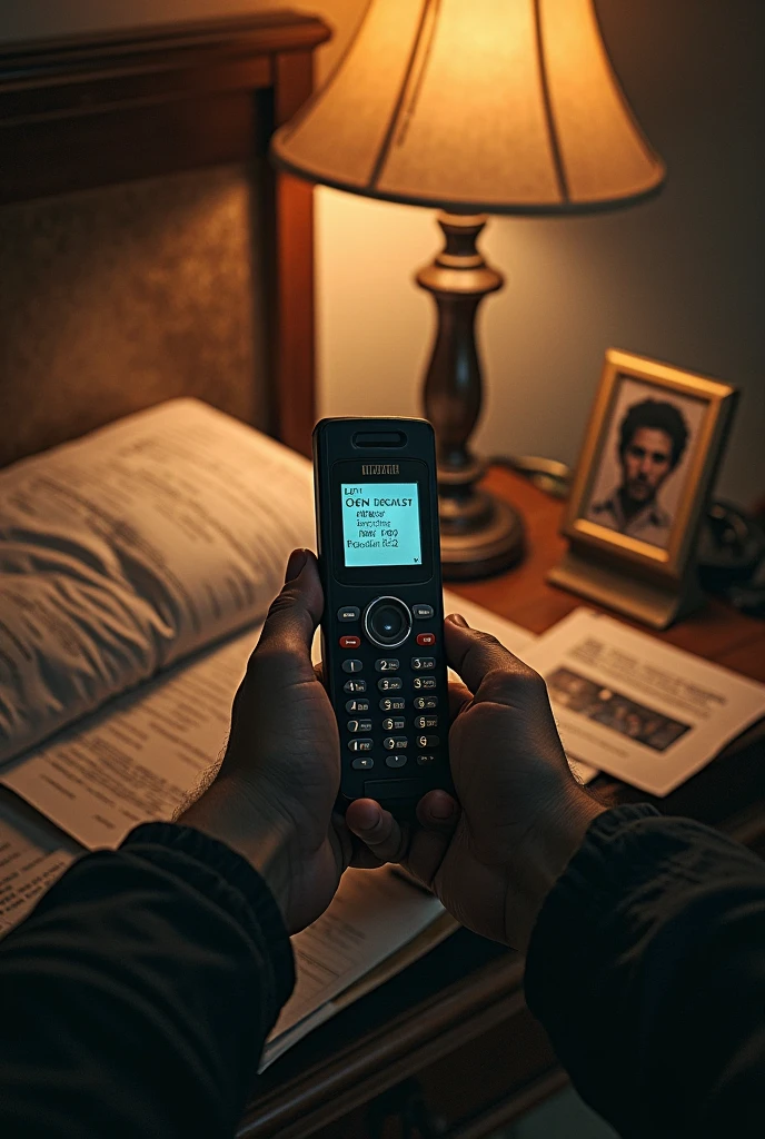 First person view of hands placing 90s flip phone face down on a nightstand cluttered with documents and police photos, under the soft light of a 90s lamp.