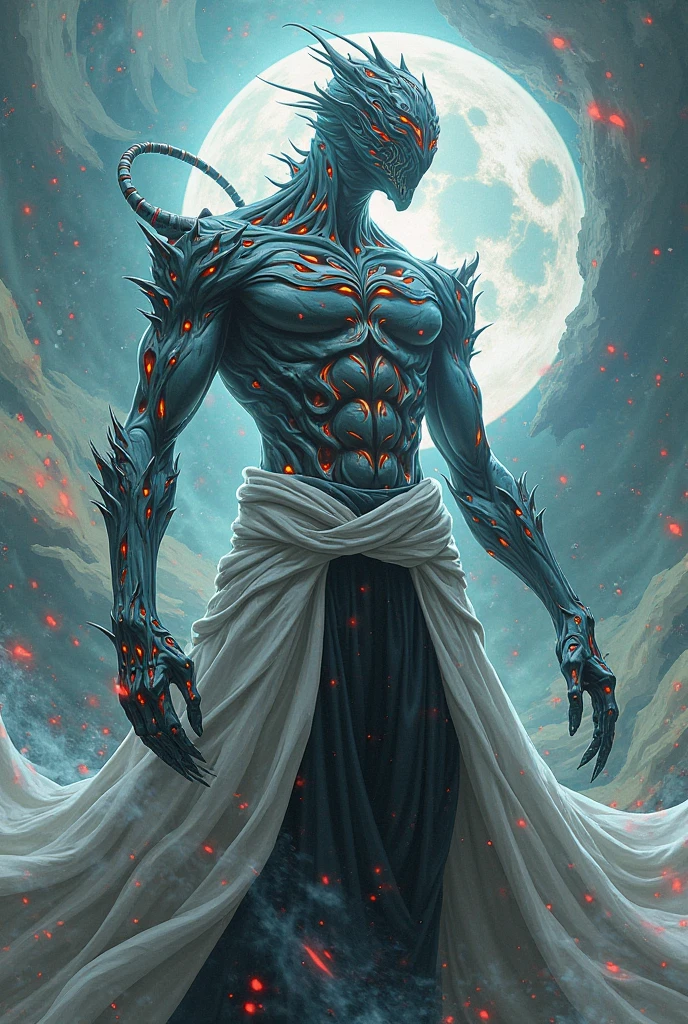 Black humanoid creature made of rock, upper part of body, Bare-chested, femele, ((tmasterpiece, Best quality)), Skin rupture, White current surges from the cracks, muscle men, (Dragonborn:0.6), gray hair outdoors, Detailed background depth of field