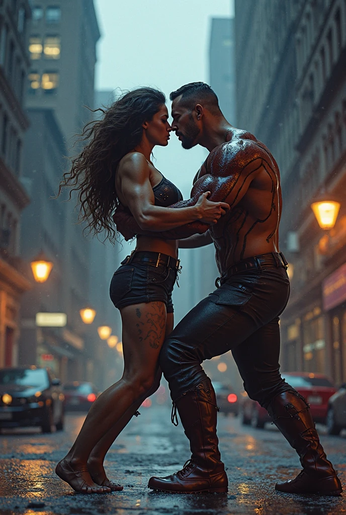 Smiling Nora fatehi in black leather jacket lifting a large chubby man over her head in a empty street, full view