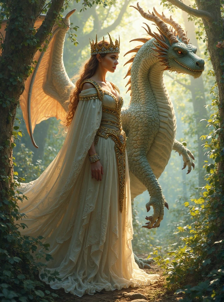 a beautiful princess with long blonde hair in a long dress holding a magic wand, in a forest setting with a moon in the background, a single golden five-clawed dragon with two wings, the princess riding on the dragon