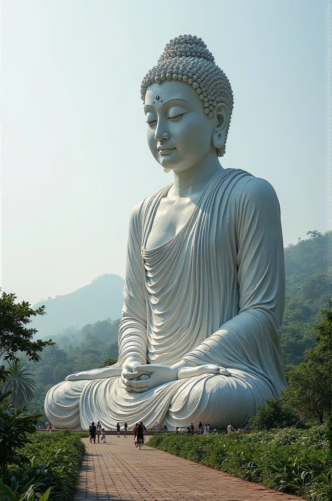 A huge tall Buddha statue in the distance，Pilgrims on the road
