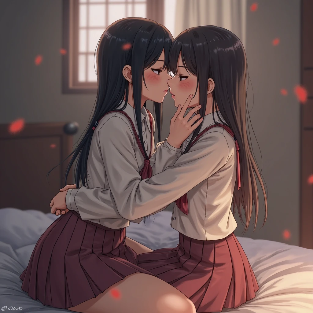 ((two girls naked and kissing)), jeunes asiatiques, sur un lit