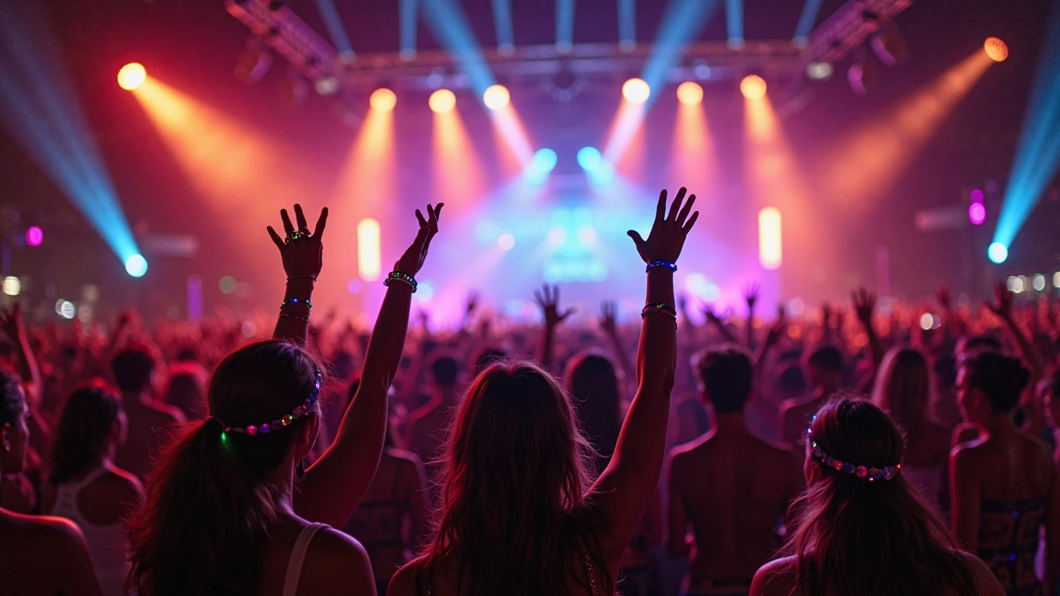 summer music festival, neon lights,  bracelets , Headbands, necklaces, people dancing, festive crowd, illuminated stage, Electronic music, nightlife, photorealistic, 4k, hdr, photography studio, bright colors, warm tones, digital art, oil painting