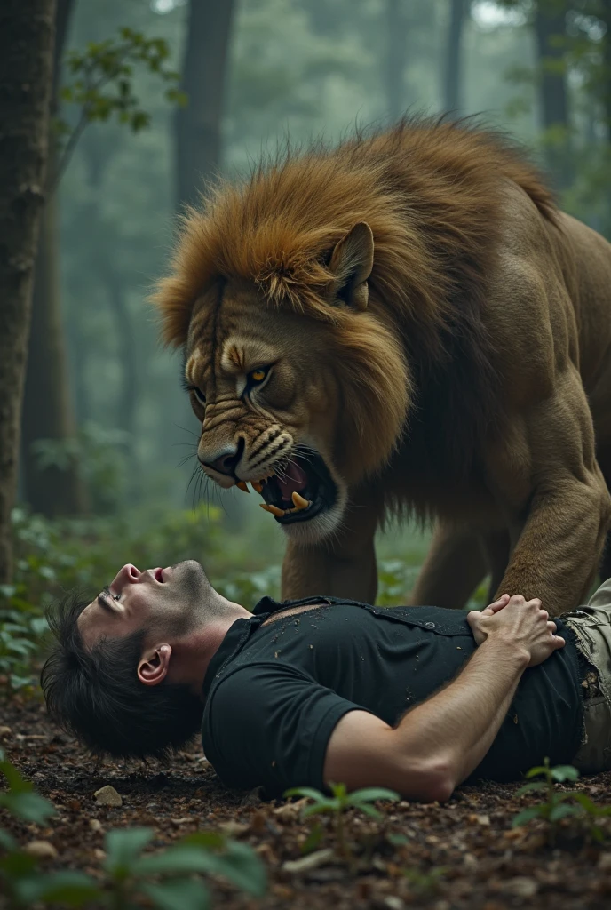 Lion eating a man in play ground