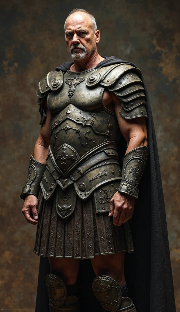 Raw, cinematic shot, (sharp focus:1.5), (photorealistic:1.2), medium portrait sexy daddy huge pecs of (a weary-looking but still proud and fierce-looking บาบาเลี่ยน warrior,Spartan Armor, dressed in elaborately detailed chain mail and leather armour