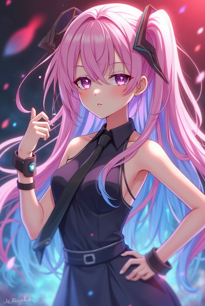 Colorful anime character with long, flowing pink and blue hair - SeaArt AI