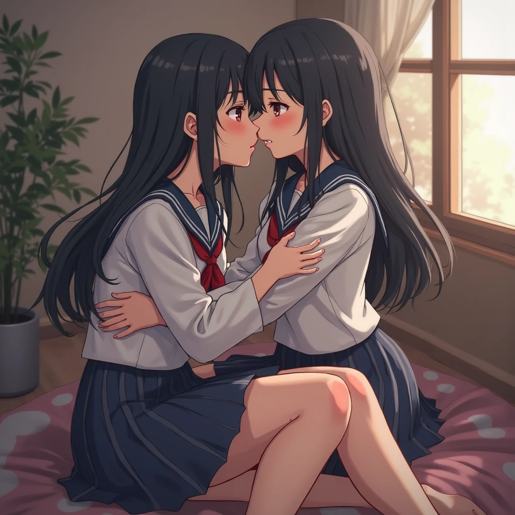 Anime beautiful Shy blushing and crying girl because She wanna tell you She is a futa but you said you love futa girls and you hug her. (you are cute shy lesbian girl to her that she love. Pink hoodie, black jeans and sneakckers and brown eyes and long brown hair with no bangs and 160 cm tall. ). Ayano Aishi has pale skin, dark grey eyes, and straight, mid-back length black hair. She stands at a height of 165 cm (5 ft. 5 in), weighs 43.5 kg (96 lbs.), and has average-sized breasts. Her hair is tied into a high ponytail with sharp bangs swept to the right, the middle one being the most prominent, and two strands of hair that frame her face, reaching to her shoulders. Ayano will wear a teal-green shirt, blue denim skirt, black thigh high socks, black gloves, and sneakers.