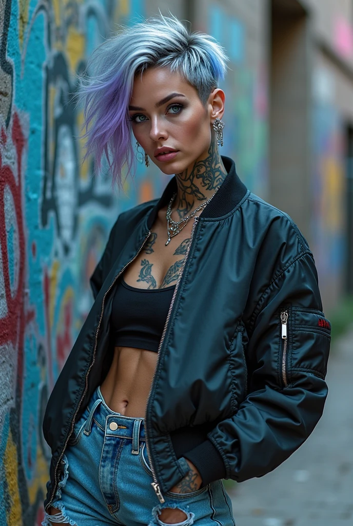 best quality, masterpiece, RAW photo, photorealistic, detailed, woman, hoodie, arm tattoo, portrait, asymmetrical bangs, bandaid, short hair, bangs, breasts, freckles, grey eyes, large breasts, looking at viewer, neck tattoo, nose piercing, pink hair, solo, tattoo on face, upper body, detailed background, town, alley, dark alley, portrait, hood on head, night, angry, close up, closed mouth, masterpiece, absurdres