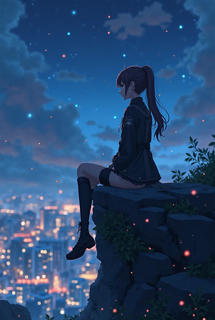 masterpiece, best quality, high quality, detailed, ultra detailed, hyper detailed, insanely detailed, exquisite, beautiful, FHD, Full-HD, 4K, 8K, 16K, highres, absurdres, skyscraper, city, a girl, intelligent, sitting, looking to the side, ponytail, brown hair, brown eyes, hoodie, shorts, piercing, in the room, with a starry sky, with a galaxy, at night, beautiful, lo-fi, side view, moonlight
