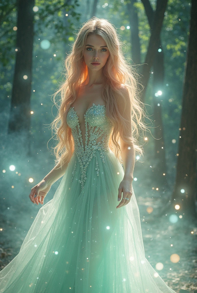 Craft a fabulous image of a captivating girl with pale pink hair elegantly gathered in a high hairstyle, adorned in a shimmering pearl dress. She bears intricate tattoos on her body, which glow with a soft, ethereal amber light. She stands in a magical forest, where a gentle green light emanates from a mystical rose flower she delicately sniffs. Fireflies dance in the air, and the scene is set in the early evening with soft volumetric light, creating an enchanting atmosphere,  <lora:Randommaxx_merge_v1.1_lora_fp16:1.5>,  <lora:add-detail-xl:2>,  dream<lora:sdxl_lora_dream:0.6>