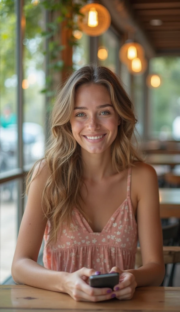 Emily, a beautiful young woman with clear blue eyes and a warm, friendly smile, sitting at a cozy Japanese udon restaurant table with a steaming bowl of udon in front of her. She has long, blonde hair styled in a casual, tousled look with natural waves and a healthy shine. Her skin is sun-kissed, and she is wearing a stylish summer dress suitable for the warm weather.