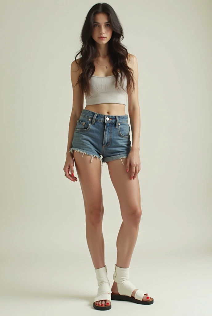 Full body image of a Vietnamese girl,20 years old , pretty, 100% real%, wear shorts and tank top, Show the entire person in the frame from head to toe