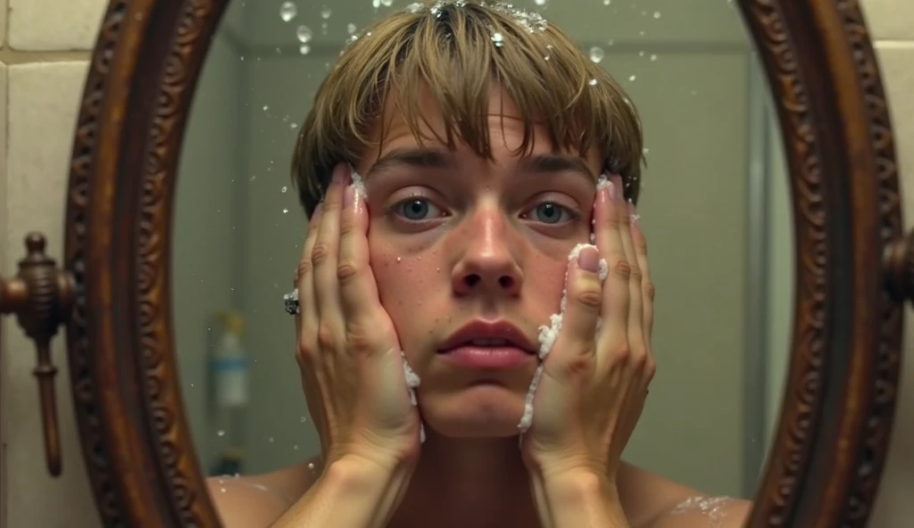 a beautiful young man spider man, 18 years old, ideal build, round soft buttocks, naked, looking at himself ((((surrounded by giant black negro wriggling wet penises, phalluses, dicks))), watercolor in the style of Caravaggio