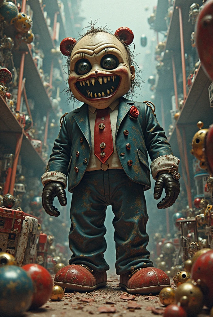 (knitted toy voodoo doll:1.8)
(Voodoo Jeff Bezos:1.3)
(Clothing: tattered business attire with mystical symbols:1.0)
(Accessories: miniature glowing delivery drones, tiny floating packages, small enchanted shipping boxes:1.2)
(background: eerie warehouse with flickering lights, drones buzzing on their own, and an ethereal mist hovering over conveyor belts:1.2), best quality, masterpiece, detailed soft oil painting, detailed background, dramatic cinematic lighting, soft edge lighting, professional, dramatic lighting, hard edge lighting, ultra quality, 4k,masterpiece, best quality, 8k, ultra highres, highres, extremely detailed