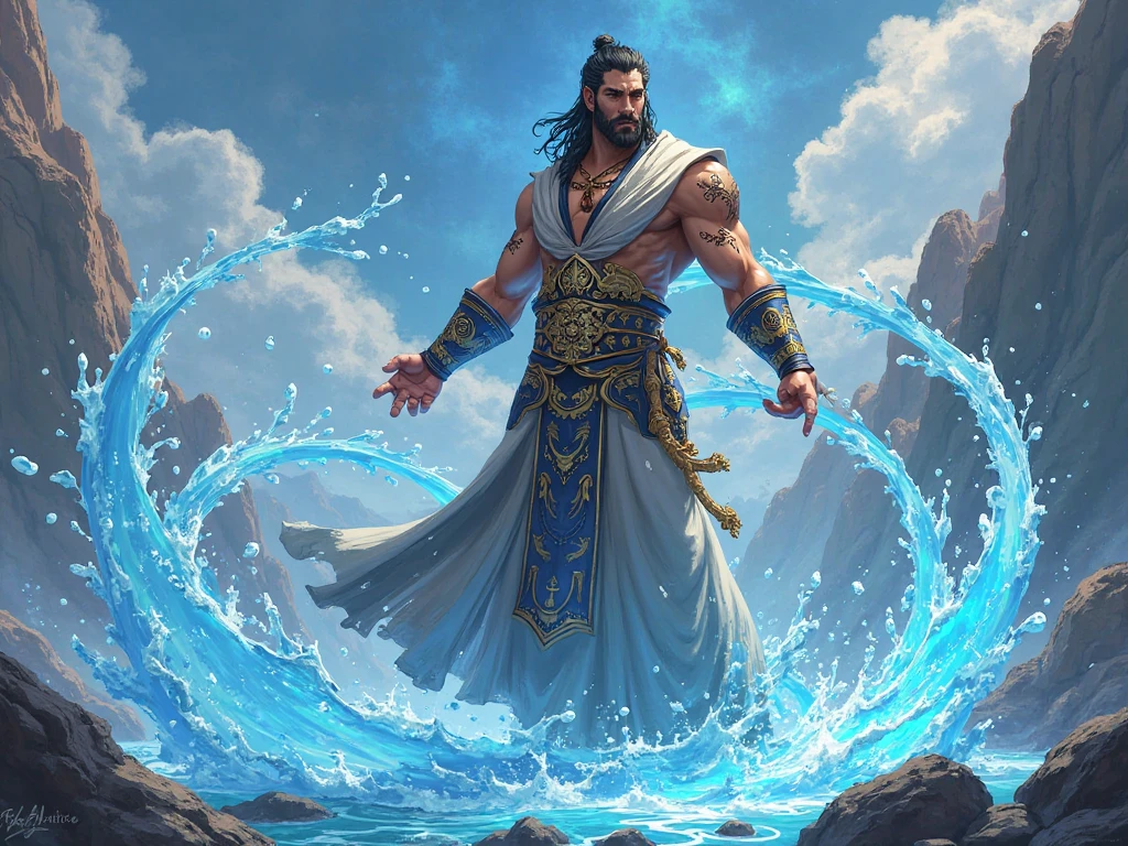 (masterpiece: 1.2), (very detailed: 1.2), (perfectly detailed), (very detailed and beautiful: 1.1) solo, 1 boy, male only, muscular male, dynamic pose, shaved temples, thick stubble, has thick stubble, body hair, action scene, detailed face, at full height, water magician, elemental caster,