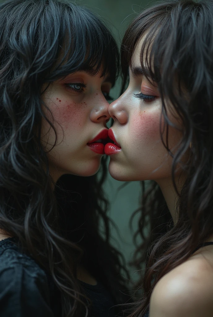 A goth girl sucking a boy's penis .