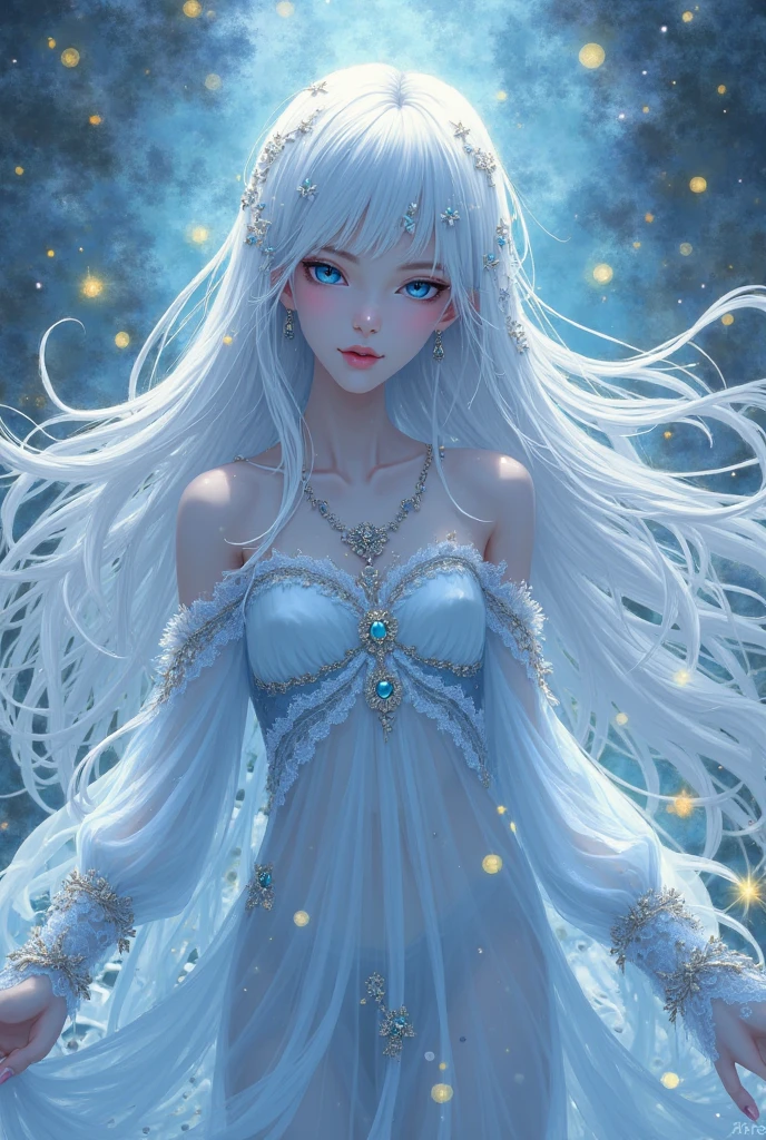 detailed portrait of a young girl, beautiful detailed eyes, beautiful detailed lips, extremely detailed face, long eyelashes, flowing silver hair, pale glowing skin, ethereal, mystical, fantasy, digital painting, concept art, highly detailed, intricate, delicate, glowing, luminous, soft lighting, dreamlike, atmospheric, moody, cinematic, dramatic, high contrast, vibrant colors, iridescent, magical, whimsical, celestial, stars, cosmic, universe, galaxy, nebulae, shimmering, ethereal, otherworldly, magical realism.
