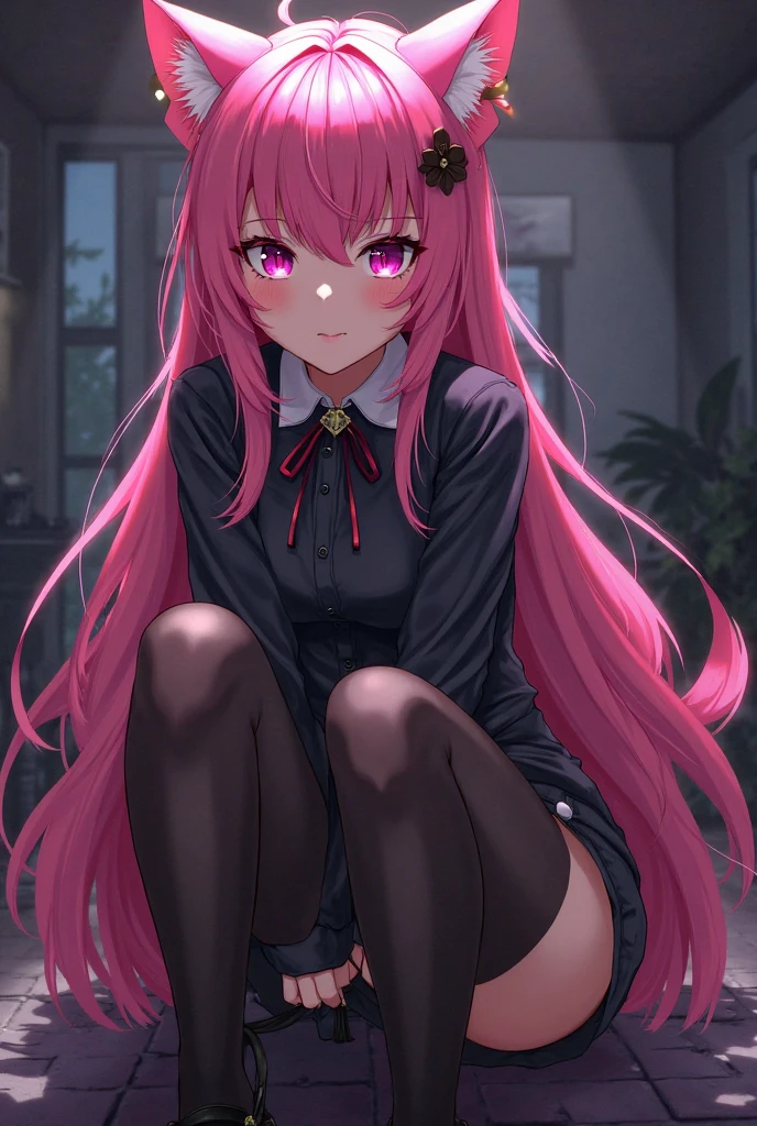 A woman with long pink hair which is tied in a ponytail. She has pastel pink eyes and has fair skin. She wears a red jacket with black stripes, Under this she wears a black blouse. On her legs she wears a pink plaid skirt. She is sitting with her cell phone.