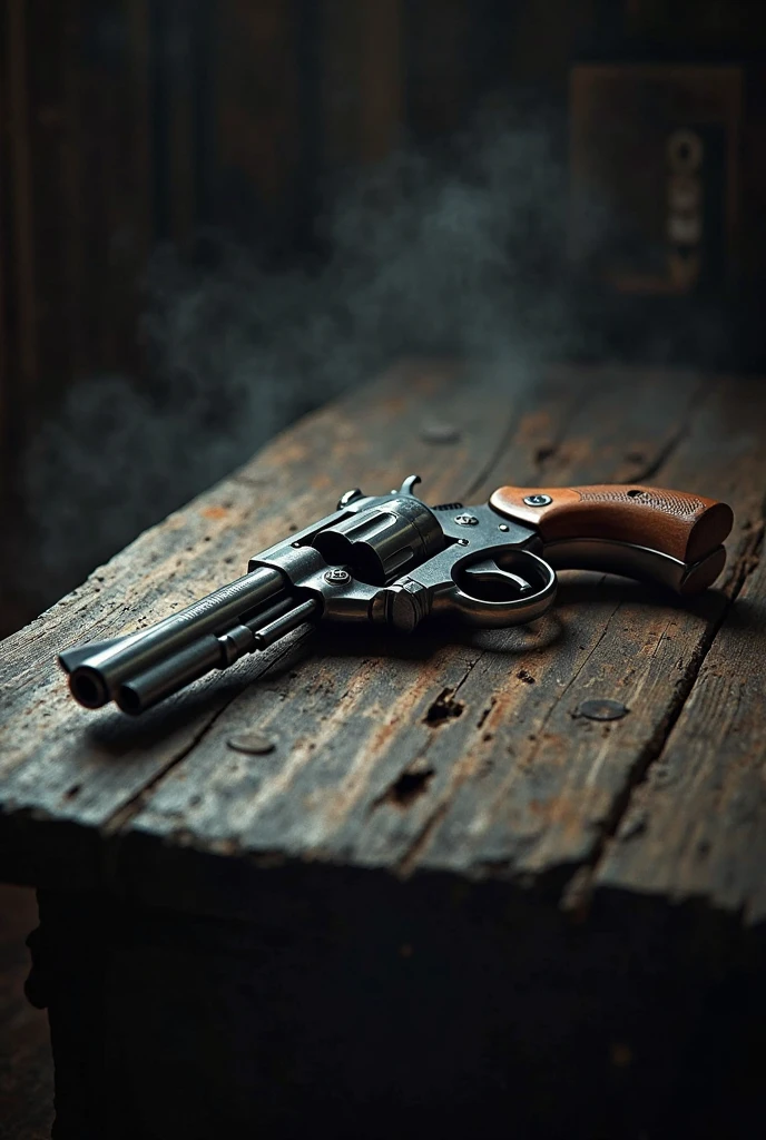 Create a model 38 revolver on a wooden table with dark ambience
