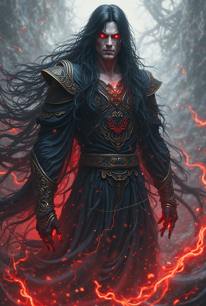Crazy brown crazy male dark elf with glowing yellow eyes With black wavy hair With black armor With yellow burns and flames all over his body