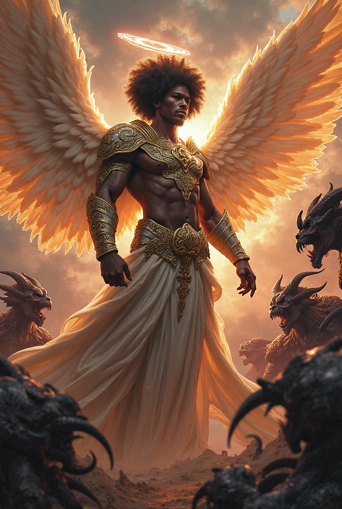 AngelicStyle, awe-inspiring portrayal of a Warrior Angel with a magnificent afro, adorned in resplendent battle armor, soaring through the skies with a flaming spear, (Radiant:1.2) aura engulfing their celestial form, (gilded:1.1) armor reflecting their divine heritage, (determined:1.1) gaze fixed on their righteous mission, (majestic:1.1) afro billowing with ethereal power, (unveiling:1.1) the essence of their divine purpose and cultural pride, (capturing:1.1) the spirit of valor and determination, (immortalizing:1.1) their eternal role as guardians of light and defenders against darkness. <lora:SDXLAngelic:0.4>
