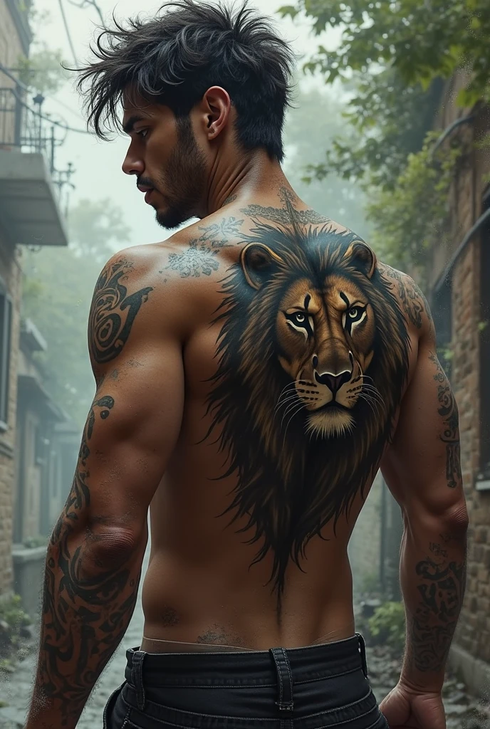 Back Tattoo, Professional photography for an elite magazine, an athletic man with a bare torso m with a complex and detailed tattoo on his back, Back Tattoo, the tattoo depicts boxers in the ring on fire, Canon EOS R5 camera with a Canon RF lens 100-500 mm F4.5-7.1L IS USM, 500 mm, 1/500 sec., f/7.1 and ISO 1000.