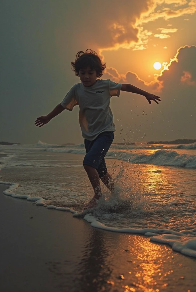 A  boy (10 yeaionately plays soccer in the big ocean.