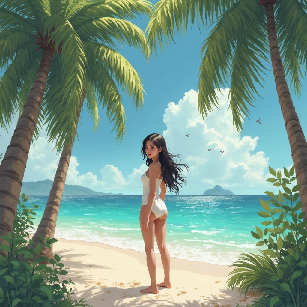NSFW, sexy, erotic, A stunningly beautiful woman in a swimsuit, standing on a pristine beach. The woman has long, flowing hair, a radiant smile, and is wearing a fashionable bikini that accentuates her figure. The beach is idyllic, with soft white sand, crystal-clear turquoise waters, and gentle waves lapping at the shore. In the background, there are palm trees swaying in the breeze, and the sun is shining brightly in a clear blue sky. The overall scene is vibrant, lively, and exudes a sense of relaxation and enjoyment. --fine-details --hand-precision --high-fidelity --micro-textures --super-resolution 