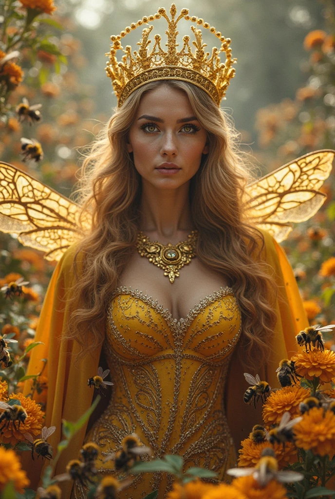 (best quality,4k,8k,highres,masterpiece:1.2),ultra-detailed,(realistic,photorealistic,photo-realistic:1.37),girl wearing a bee costume,futuristic LED light-up wings,beautiful detailed eyes,bee antennae,sexy pose,captivating smile,shiny black and yellow stripes on the costume,honeycomb pattern on the wings,soft, silky fabric on the costume,sparkling glitter accents,artistic portrait,studio lighting,vivid colors,playful and seductive,waist-length blonde hair flowing in the wind,teasing expression,lush green garden background,bokeh