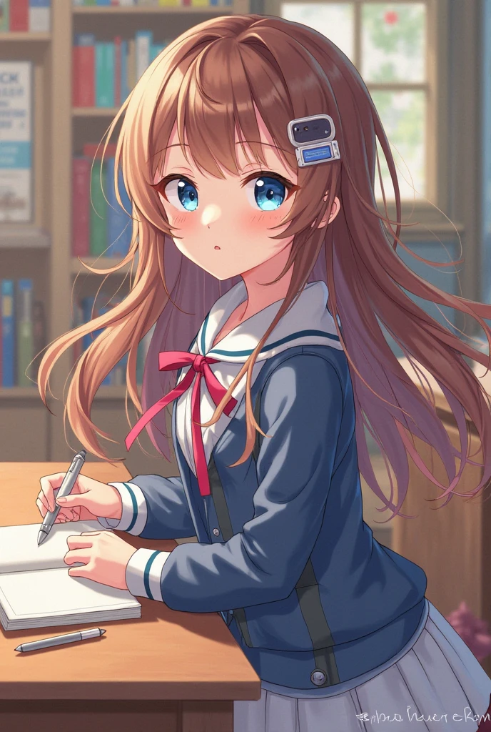 masterpiece, best quality, anime, highly detailed, 1girl, solo, school uniform, standing, classroom, monika, green eyes, brown hair, very long hair, ponytail, hair ribbon, white ribbon,