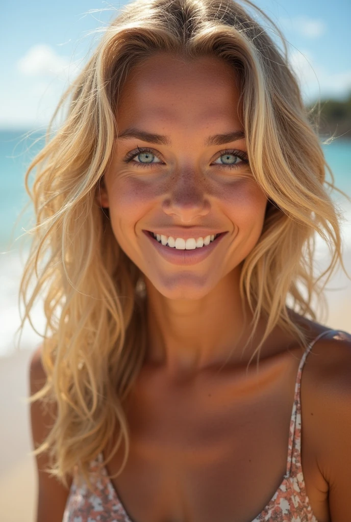 25 year old woman with bleached blonde hair, plump lips, green eyes on the beach sand in a sexy bikini and a sunny day. Midday sun weather