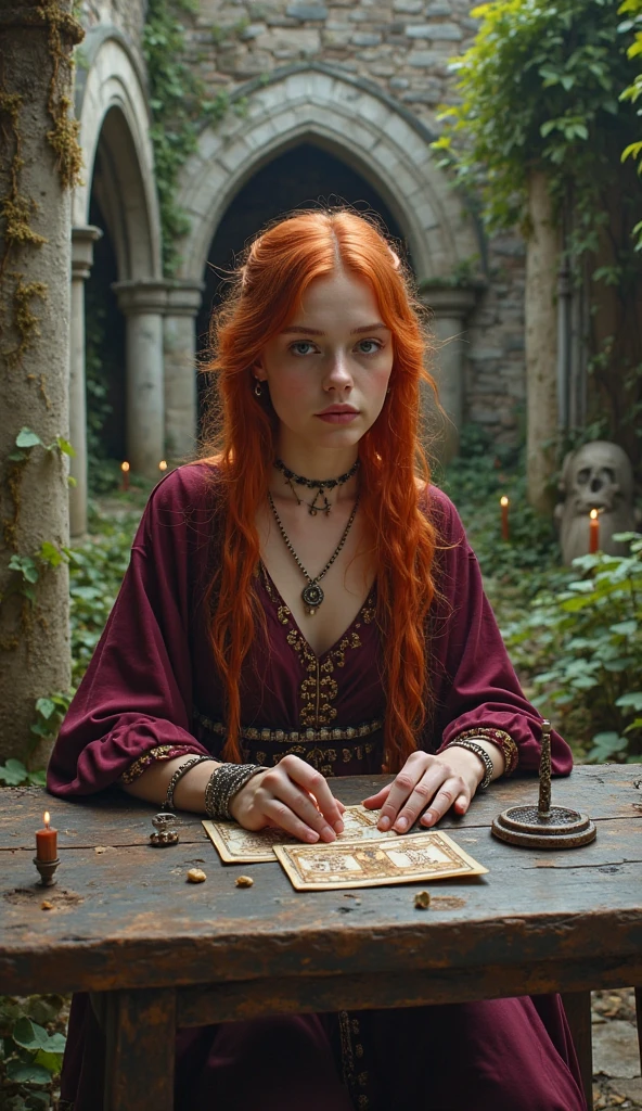 Red-haired woman with short hair holding a tarot card and wearing witch's clothes