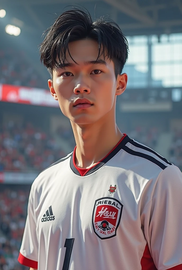 solo, male focus, 1boy, shinjichair, sitting, head down, short black hair, 1boy, (masterpiece, ultra quality, high resolution, 8k, intricate: 1.2), (detailed face:1.2), handsome, Young Korean man ,white skin, double eyelids , detailed skin, 1boy, ((realistic)), abs, good lighting quality, muscle veins, ((pale skin)),wearing tight soccer uniform